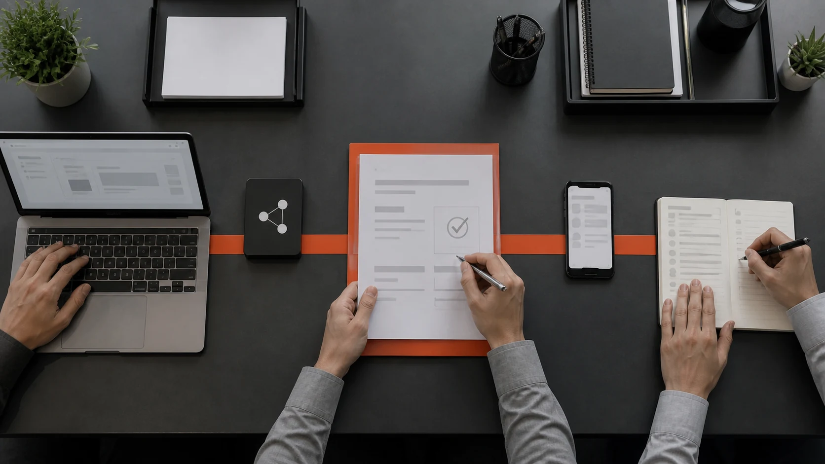 A software workflow moving from intake to human approval and follow-up across one desk